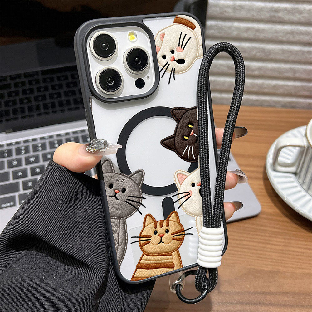 Apple Iphone 15 - غطاء هاتف لطيف بتصميم قطة مطرزة